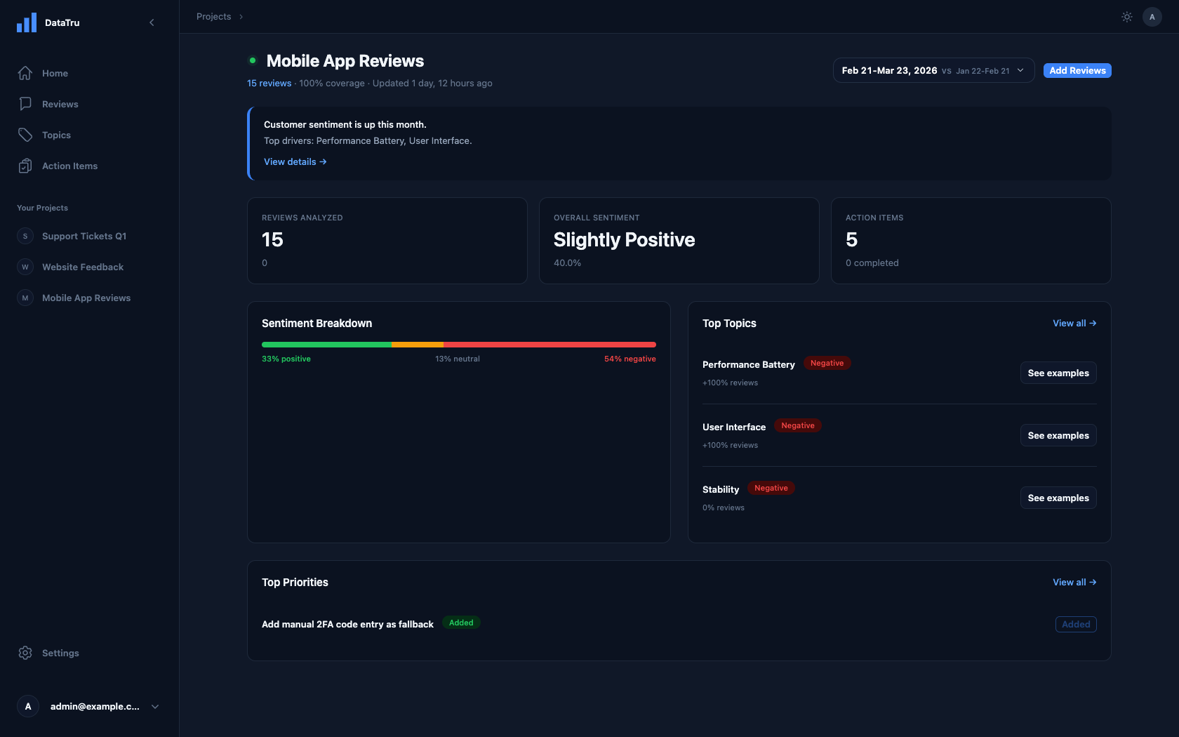 DataTru project overview showing sentiment analysis, topic extraction, and actionable insights