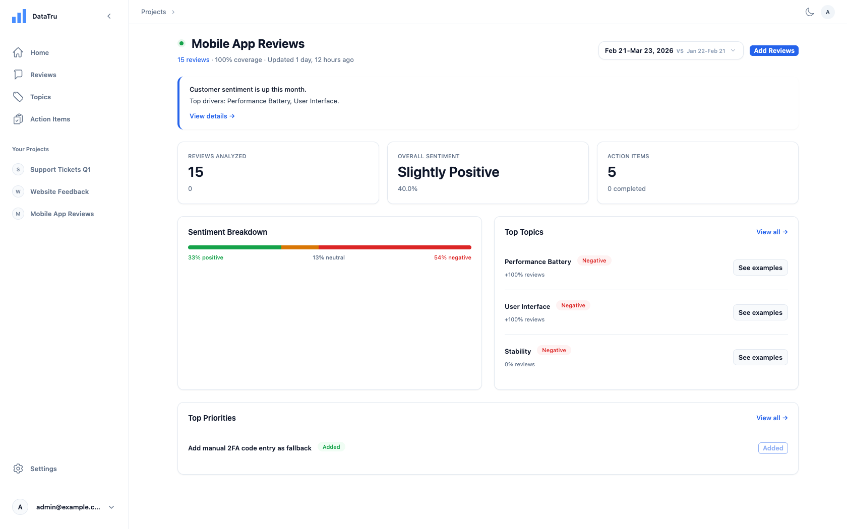 DataTru project overview showing sentiment analysis, topic extraction, and actionable insights